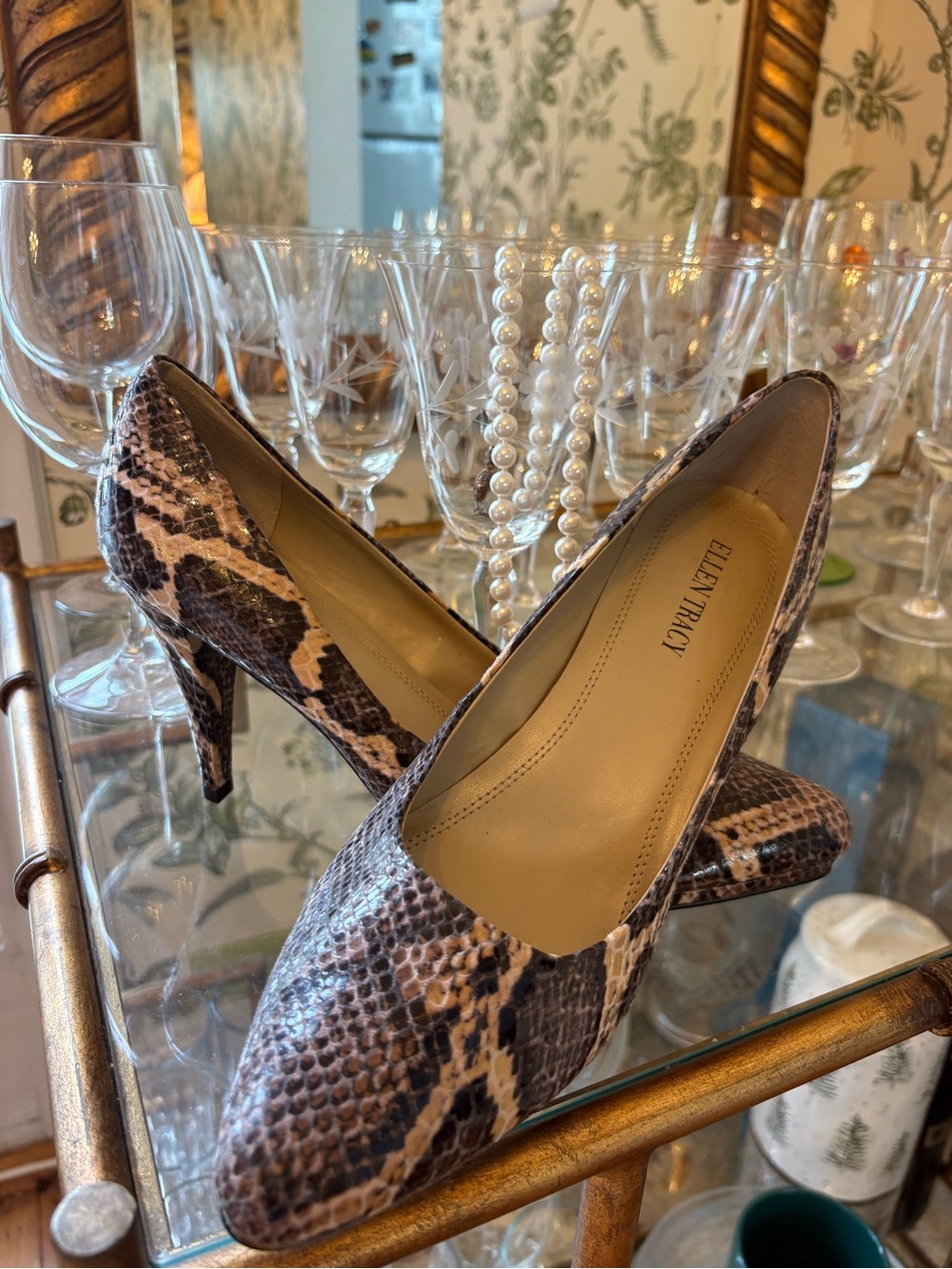 Ellen Tracy Brown Snake-Print Flats